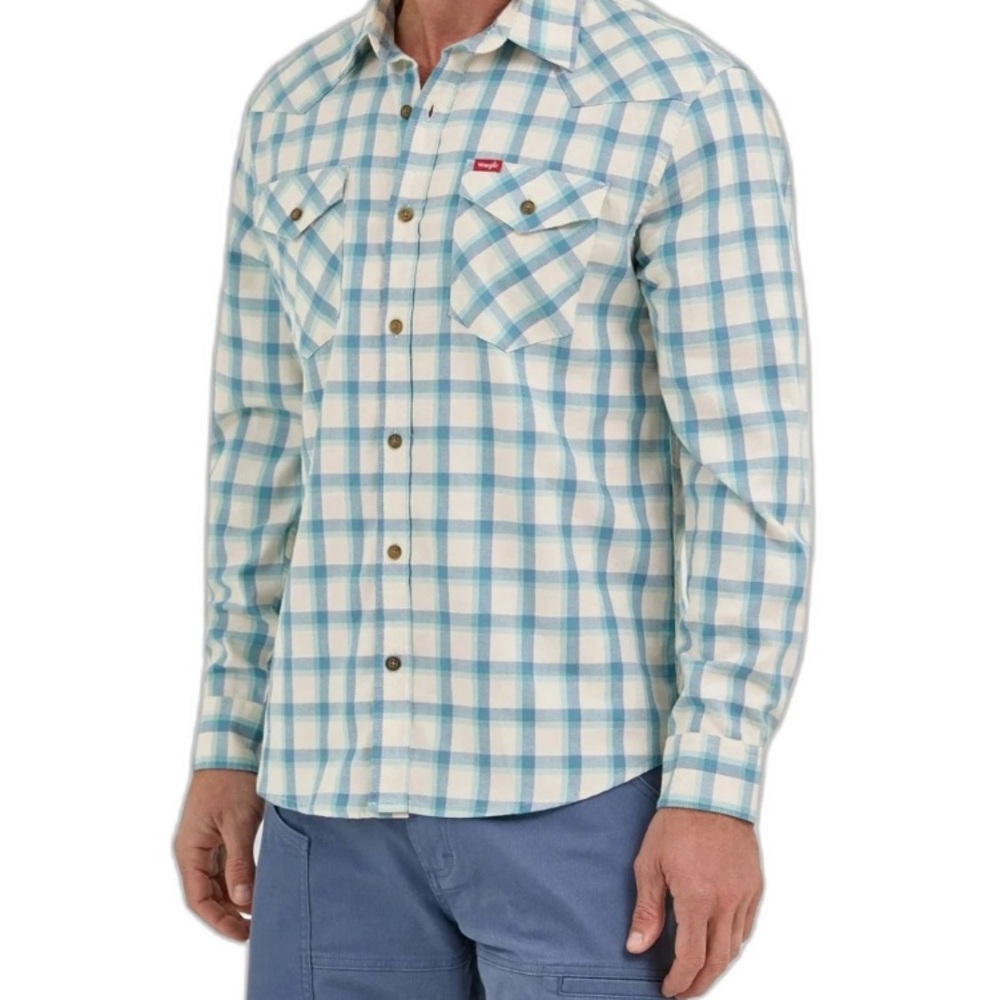 Wrangler Men's Slim Fit Long Sleeve Shirt Sunglass Cleaner Nile Blue Size XL NWT